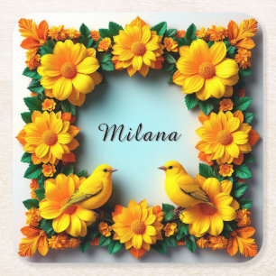 Porta-copo De Papel Quadrado Moldura Floral com Pássaros Amarelos