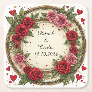 Porta-copo De Papel Quadrado Moldura Floral com Rosas Vermelhas e Rosas Pink