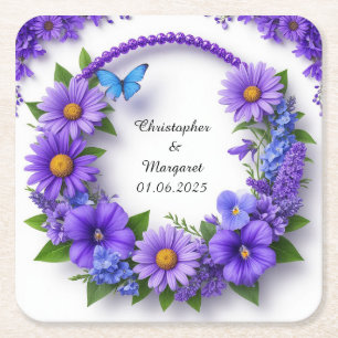 Porta-copo De Papel Quadrado Moldura Floral de Casamento com Flores Coloridas