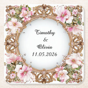 Porta-copo De Papel Quadrado Moldura Floral Elegante e Ornamentada para Casamen