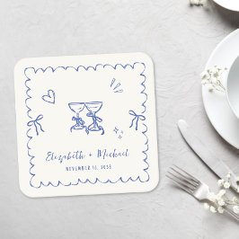 Porta-copo De Papel Quadrado Moldura Ondulada Azul Caprichosa Creme Casamento