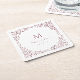 Porta-copo De Papel Quadrado Moldura Vintage Rosa Empoeirada Monograma de Casam