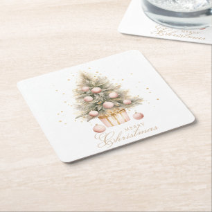Porta-copo De Papel Quadrado Molho de Água Rosa Elegante Árvore de Natal Feliz