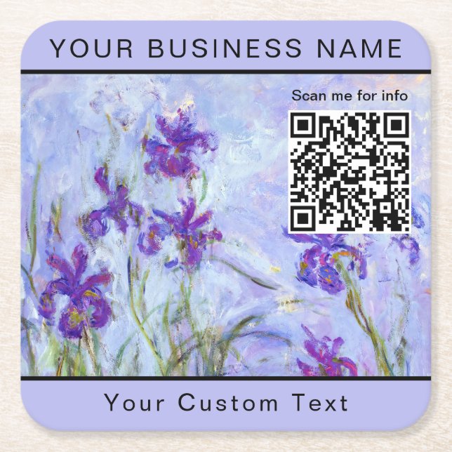 Porta-copo De Papel Quadrado Monet - Lilac Irises / Iris Mauves - Código QR (Frente)