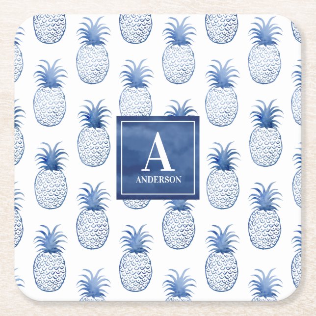 Porta-copo De Papel Quadrado Monograma Azul Branco Aquarela Abacaxi Tropical (Frente)