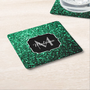 Porta-copo De Papel Quadrado Monograma bonito dos sparkles do brilho do verde