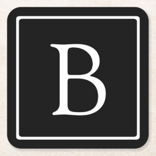 Porta-copo De Papel Quadrado Monograma Clássico Simples   Preto com texto bran