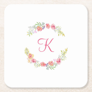 Porta-copo De Papel Quadrado Monograma - Cor Floral Cor Rosa, Amarela e Verde
