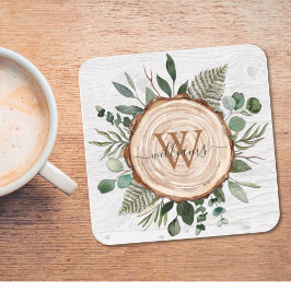 Porta-copo De Papel Quadrado Monograma Cores de Água Fatia e Folhagem de Madeir