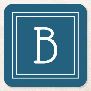 Porta-copo De Papel Quadrado Monograma Costeiro Azul Marinho e Branco Inicial