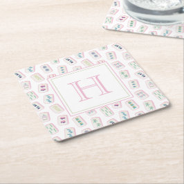 Porta-copo De Papel Quadrado Monograma de Azulejos de Watercolor Pink e Green M