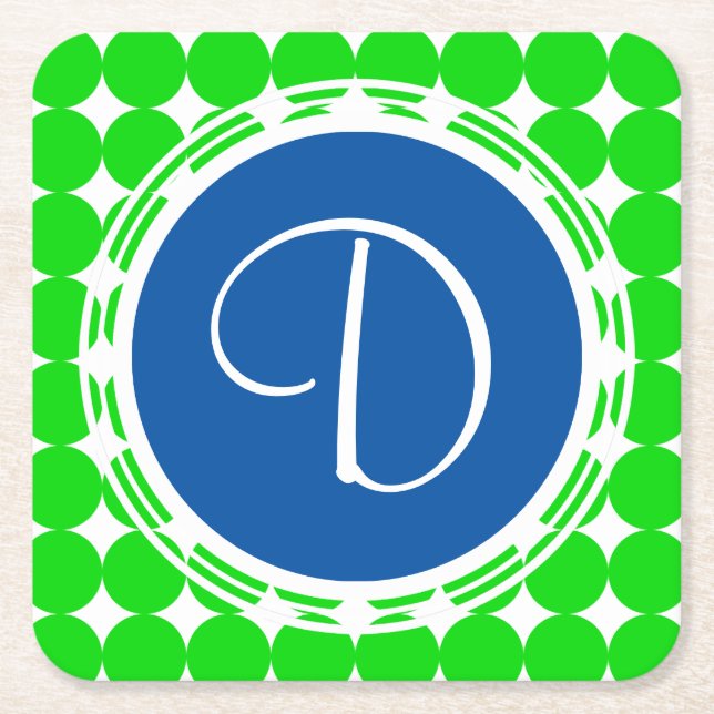 Porta-copo De Papel Quadrado Monograma de Bolinhas Azul e Verde (Frente)