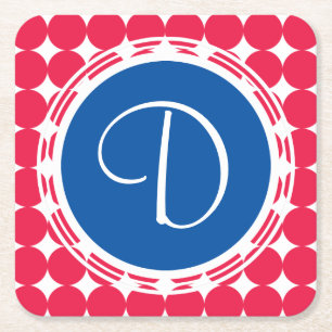 Porta-copo De Papel Quadrado Monograma de Bolinhas Azul e Vermelha