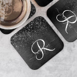 Porta-copo De Papel Quadrado Monograma de brilho preto personalizado<br><div class="desc">Personalize facilmente esta elegante design de porta copos de de de papel quadrado com bonito brilho preto cinza num fundo metálico escovado preto.</div>