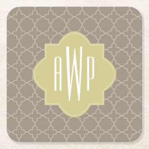 Porta-copo De Papel Quadrado Monograma de Brown Quatrefoil