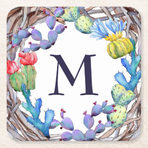 Porta-copo De Papel Quadrado Monograma de Cactus Colorida legal