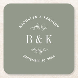 Porta-copo De Papel Quadrado Monograma de casal floral botânico em verde sage