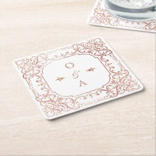 Porta-copo De Papel Quadrado monograma de casal rosa dourado e ornamentado eleg