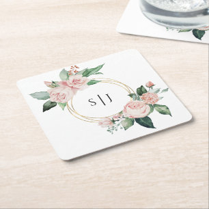 Porta-copo De Papel Quadrado Monograma de Casamento Branco Blush Floral