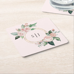 Porta-copo De Papel Quadrado Monograma de Casamento Cor-de-Rosa Blush