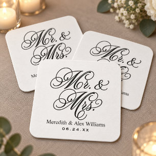 Porta-copo De Papel Quadrado Monograma de Casamento Elegante Branco Sr e Sra