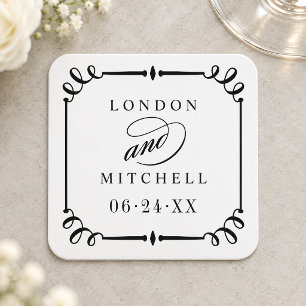 Porta-copo De Papel Quadrado Monograma de Casamento em Moldura Preta Vintage