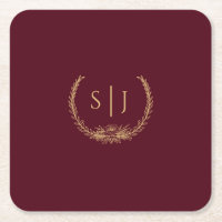 Monograma de Casamento Floral Dourado Burgundy