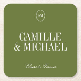 Porta-copo De Papel Quadrado Monograma de casamento minimalista em verde oliva