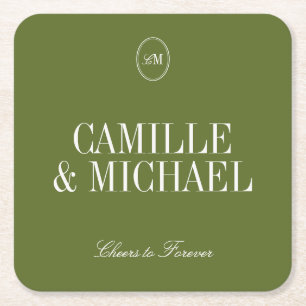 Porta-copo De Papel Quadrado Monograma de casamento minimalista em verde oliva