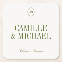Porta-copo De Papel Quadrado Monograma de Casamento Minimalista em Verde Oliva