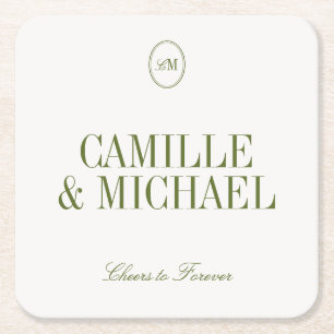 Porta-copo De Papel Quadrado Monograma de Casamento Minimalista em Verde Oliva