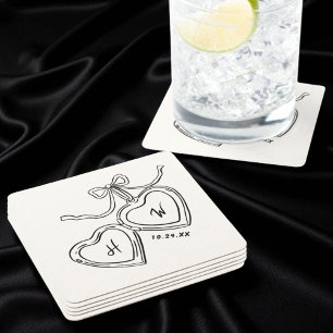 Porta-copo De Papel Quadrado Monograma de Casamento Pendente do Coração