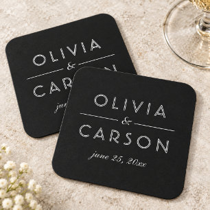 Porta-copo De Papel Quadrado Monograma de Casamento Preto e Branco Elegante