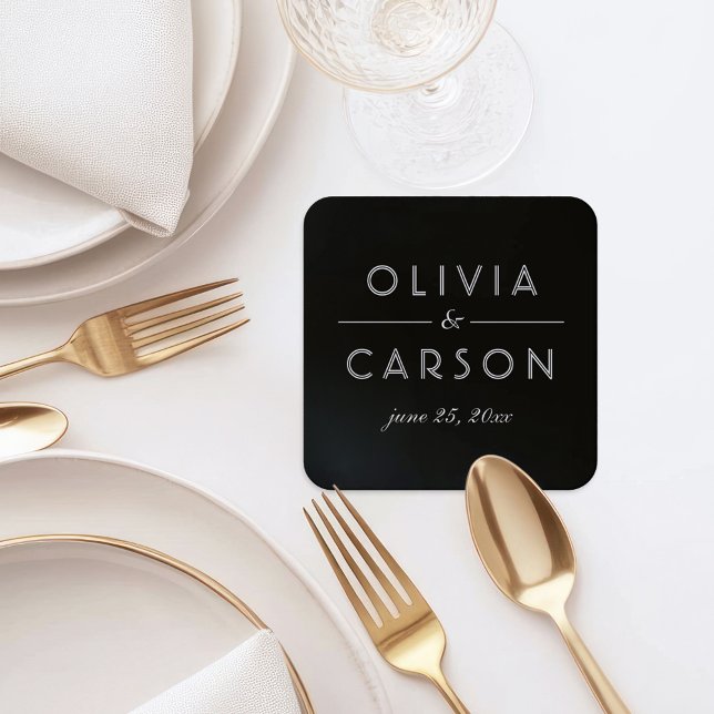 Porta-copo De Papel Quadrado Monograma de Casamento Preto e Branco Elegante (Criador carregado)