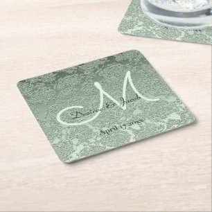 Porta-copo De Papel Quadrado Monograma de Casamento Verde do Pastel Sage