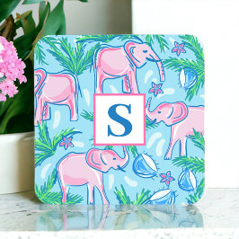 Porta-copo De Papel Quadrado Monograma de Elefante Verde Cor-de-Rosa Pink Prepp