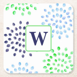 Porta-copo De Papel Quadrado Monograma de Flor Azul Verde Marinho de Aquarela