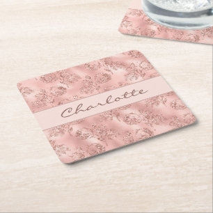 Porta-copo De Papel Quadrado Monograma de flores cor-de-rosa com rosa de aniver