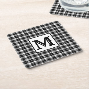 Porta-copo De Papel Quadrado Monograma de Gingham preto-e-branco