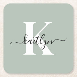 Porta-copo De Papel Quadrado Monograma de Letra de Cor Verde Oliva Moderna
