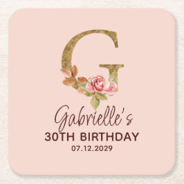 Porta-copo De Papel Quadrado Monograma de Ouro com Letra G e Rosas Rosa Bege