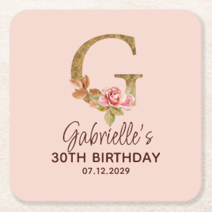 Porta-copo De Papel Quadrado Monograma de Ouro com Letra G e Rosas Rosa Bege