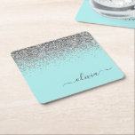 Porta-copo De Papel Quadrado Monograma de Prata Leve Azul Aqua<br><div class="desc">Azul Aqua - Portas copos de papel com nome de monograma do script Glitter Glitter de Coletor de Teal e Prata. Isso faz a formatura perfeita, aniversário, casamento, chá de panela, aniversário, chá de fraldas ou presente de festa de solteira para alguém que ama luxo de vidro e estilos quíticos....</div>
