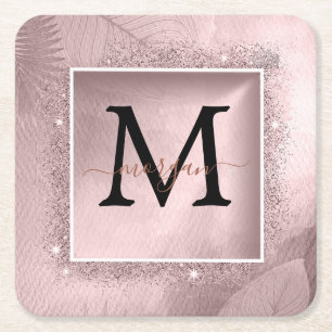 Porta-copo De Papel Quadrado Monograma de Script Glitter Dourado rosa