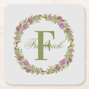 Porta-copo De Papel Quadrado Monograma de Sobrenome Floral Rosa Verde Personali