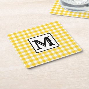 Porta-copo De Papel Quadrado Monograma de Xadrez Amarelo Moderno