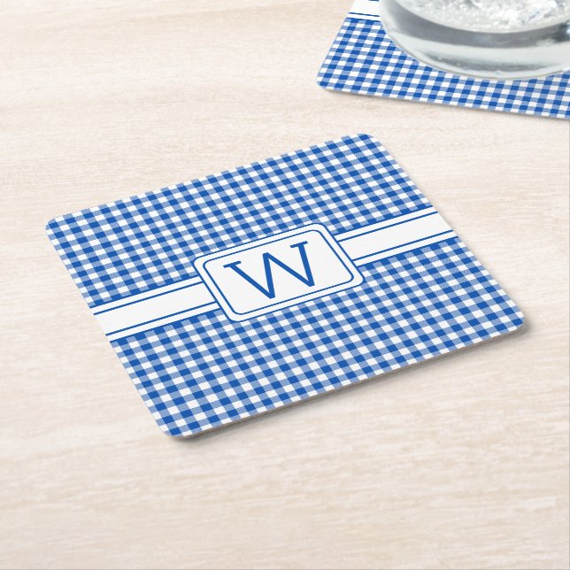 Porta-copo De Papel Quadrado Monograma de Xadrez de Gingham Azul e Branco (Inclinado)