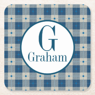 Porta-copo De Papel Quadrado Monograma de Xadrez de Lodge Azul Personalizado