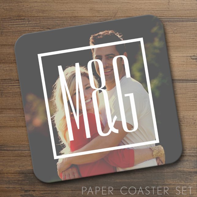 Porta-copo De Papel Quadrado Monograma do Noivado de Casamento - Foto com FILTR (Custom Photo and Monogram Coster)
