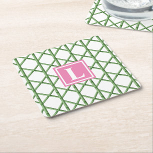 Porta-copo De Papel Quadrado Monograma do Padrão de Bamboo Preppy Green Trellis